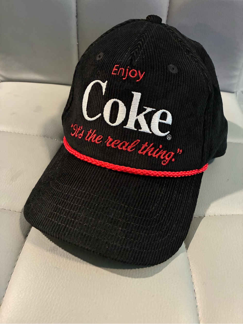 Coca Cola Black Corduroy Baseball Hat with White Logo and Red Accents